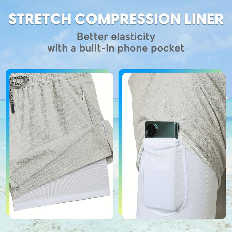 5.5 Inseam 2 in 1 Seersucker Short Liner Solid Swim Shorts, Breathable Comfort Workout Athletic Training Shorts with Phone Pockets,Lightweight Quick Drying Drawstring Sports Shorts for Gym Fitness, Drippy Outfits Going Out Outfit, Menswear Clothes Bottoms