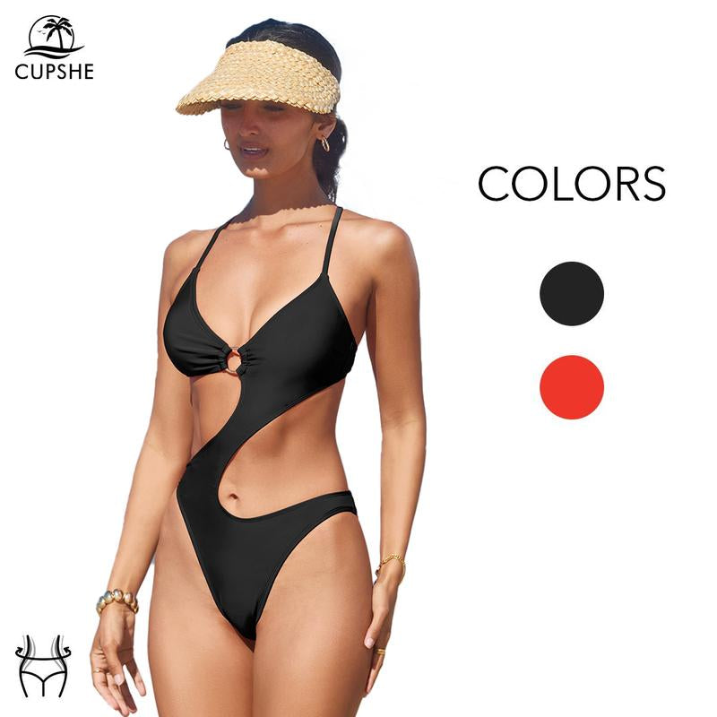 CUPSHE Trendy O-Ring Cutout One Piece Monokini Swimsuit Stylish Beachwear V Neck Cross Tie Back Straps Swimwear Summer Beach Party Bathing Suits #Outdoorfun
